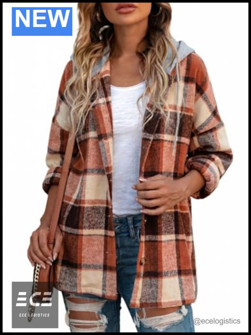 Hooded Plaid Flannel Shacket Button Down Loose Fit Casual Jacket